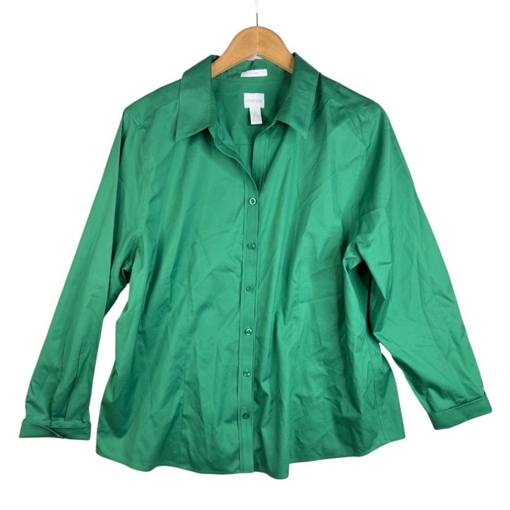 Chico's No Iron Button Down Stretch Shirt Size 3 | US size XL Green